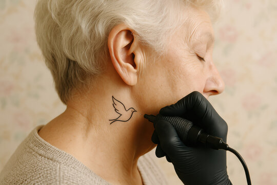 Senior woman getting bird tattoo on neck, elderly person embracing modern trends, black ink dove design, body art expression