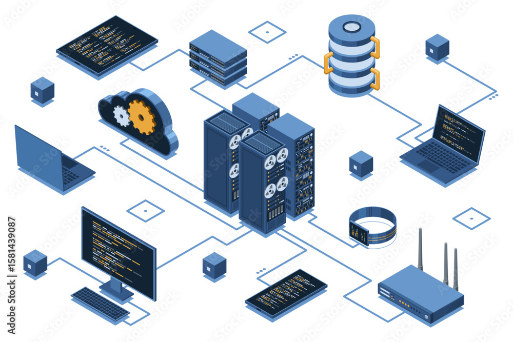 Poster isometric cloud technology with server. isometric server and hosting storage technology. web hosting