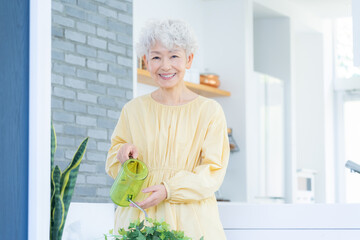 観葉植物に水をやるシニアの女性