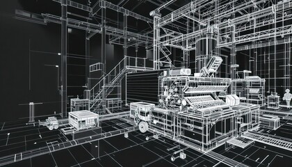Obraz premium Wireframe Render of Industrial Factory Interior