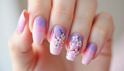Close up of a woman's hand with long nails painted with pink and purple ombre and flower designs art