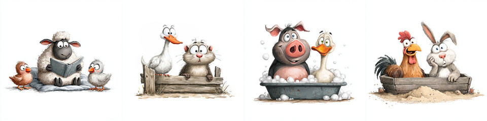 Fun watercolor barnyard animals playing and relaxing in various settings  