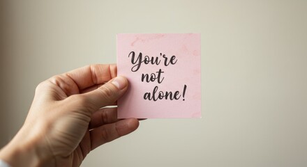 Hand holds pink card with you re not alone message