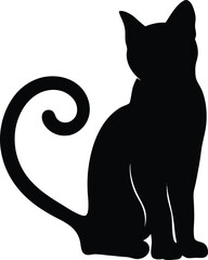 Curled Tail Cat Silhouette Vector, Cute Sitting Feline Clipart for Pet and Decorative Themes