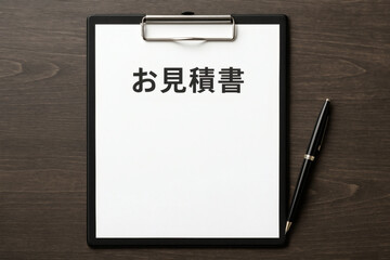 木目のテーブルに置かれた黒いクリップボードとお見積書とペンの構図