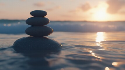 Tranquil scene of balanced stones in the ocean during a soft sunset with gentle waves