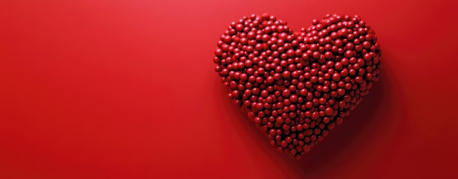 A red heart shape composed of many small, clustered red spheres against a vibrant red background