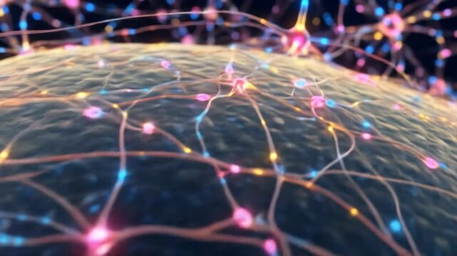 Glowing Colorful Neuron Cells And Synapses On Dark Background
