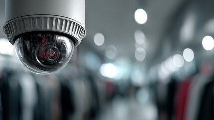 Modern white circular surveillance camera with a glossy finish, mounted in a retail environment. Blurred store interior in background. Clean security concept with caption space on the side.

