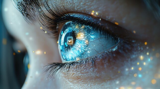 striking close up of person's eyes captures reflection of various social media icons, illustrating overwhelming presence of digital culture in daily life and personal interactions