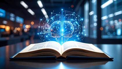 Open book with glowing AI brain graphic