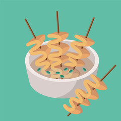 Odeng or eomuk or fish cake skewer with hot soup. Korean food flat vector illustration.