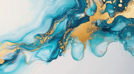 Fototapeta premium Abstract marbling artwork, teal and gold