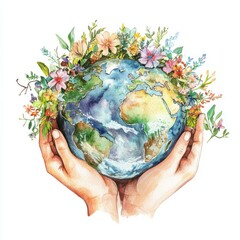 Human Hands Cradling Earth with Floral Wreath