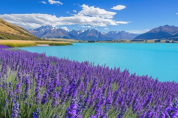 Lavender field framing turquoise lake, snow-capped mountains