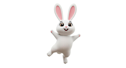 Happy jumping cartoon bunny surrounded by eggs colorful, isolated on transparent background. World Smile Day. PNG	