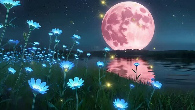 Enchanting night scene with glowing blue fantasy flowers by a moonlit lake under a starry sky. A large pink full moon reflects on the calm water, creating a magical, peaceful atmosphere.