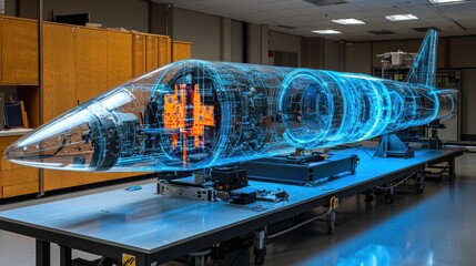 high tech engineering lab features aircraft model situated in wind tunnel, where blue light emphasizes airflow streaks demonstrating aerodynamic forces in action