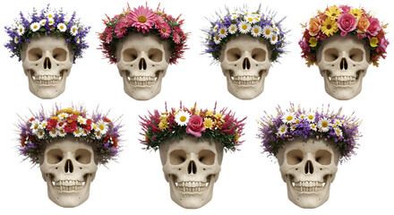 set Vibrant Hand-Drawn Skull Adorned with Delicate Floral Bouquets, Isolated on Transparent Background