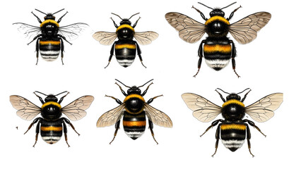 Detailed Illustration of six Different Bee Species on White Background, Isolated on Transparent Background
