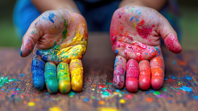 In lively classroom, creative art teacher assists students in mixing bright paints on canvas, their hands joyfully covered in colors, fostering self expression and creativity