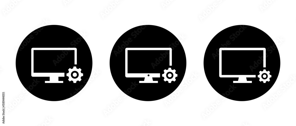 Poster computer setup icon set. monitor with configuration gear symbol. system maintenance and settings con