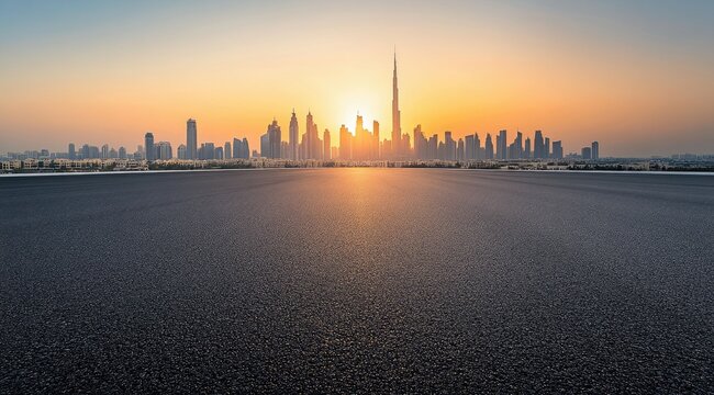 Empty asphalt road leading to cityscape at sunrise - Powered by Adobe