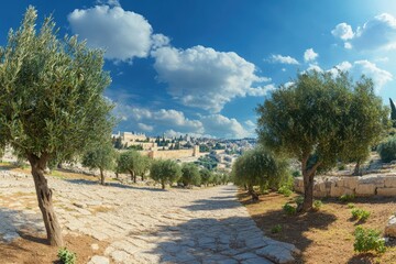 Ancient path through olive grove, leading to city