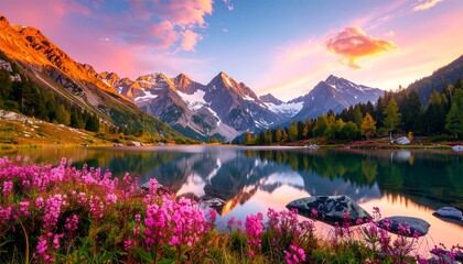 Alpine lake sunrise reflection