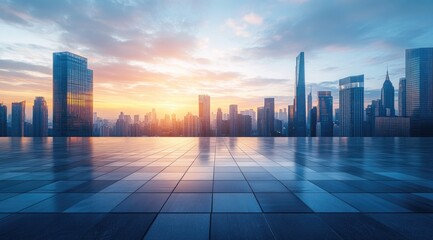 City skyline at sunrise, empty plaza (1)