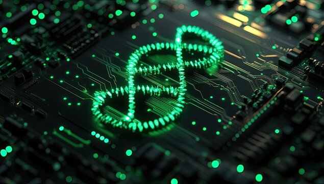 Glowing DNA helix on a circuit board