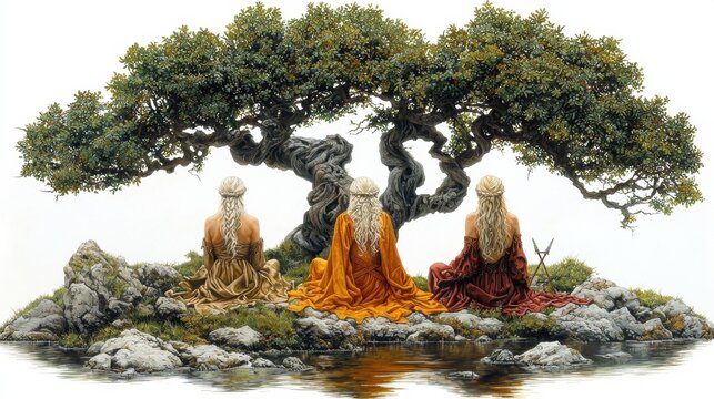 Three Norns, adorned in flowing garments, sit in tranquil meditation beneath ancient tree serene waters reflect their presence, surrounded natural beauty and deep symbolism