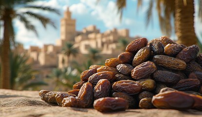 Dried dates piled high, against a backdrop of ancient buildings and palm trees