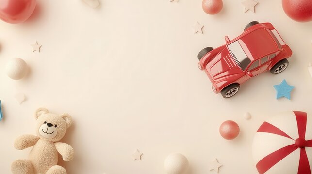 Blank white invitation card for a kid's birthday with toy car and teddy bear 