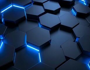 Dark abstract tech background with hexagon patterns and blue neon light accents