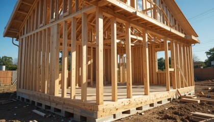 New House Construction: Wooden Frame Structure Under Bright Sunlight