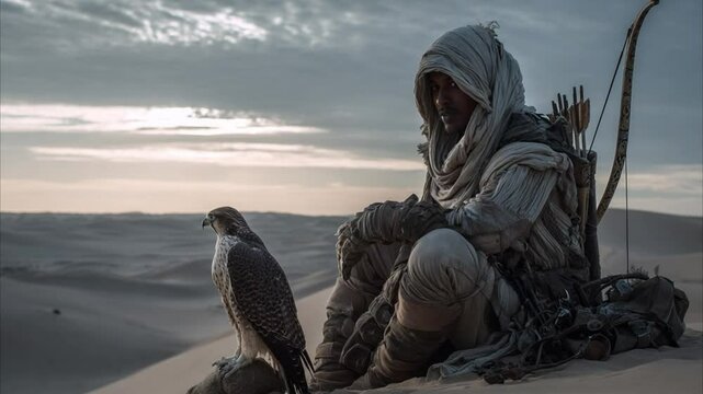 desert nomad hunter crouched on a dune bow 4K Videos