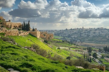 Obraz premium Panoramic view of ancient city nestled in a valley. Lush green hills slope down to a cityscape under a partly cloudy sky