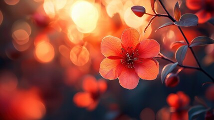 Delicate petals of red rue flower bask in golden sunlight, their vivid hues standing out against lush green leaves and softly blurred background creating dreamlike atmosphere