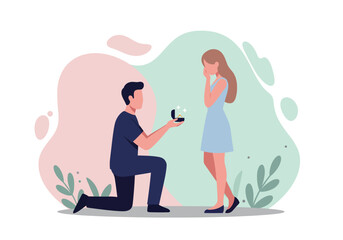 A heartwarming illustration of a man kneeling and proposing to a woman.