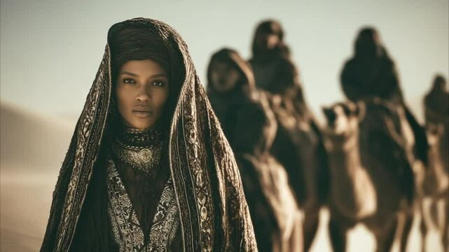 desert nomad woman leading a camel caravan 4K Videos