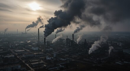 Fototapeta premium Industrial Pollution Factories Pumping Smoke into Urban Skies, Creating a Layer of Smog Over City Buildings and a Hazy Atmosphere