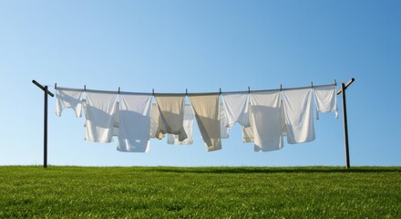 Sun-Kissed Simplicity Laundry Drying Naturally on a Clothesline Under the Summer Sky, Eco-Friendly Living, Open Air, Backyard Bliss