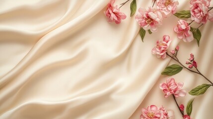 Pale peach silk fabric draped with delicate pink blossoms