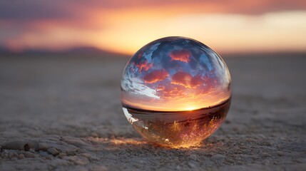 A glowing sunset glimmers through a crystal globe resting on cracked, dry earth