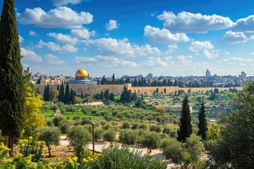 Golden dome nestled in a landscape of olive groves and ancient walls under a vibrant sky