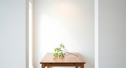 Minimalist Composition with Wooden Table and Delicate Green Branch Against a Plain White Wall for Tranquil Home Decor Inspiration