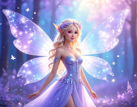 보랏빛 날개를 가진 숲속 요정 일러스트 Fairy with Violet Wings in Enchanted Forest Illustration