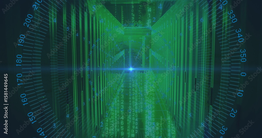 Aufkleber streaming green numeric code through server corridor, with server racks, blue hud overlay and flare