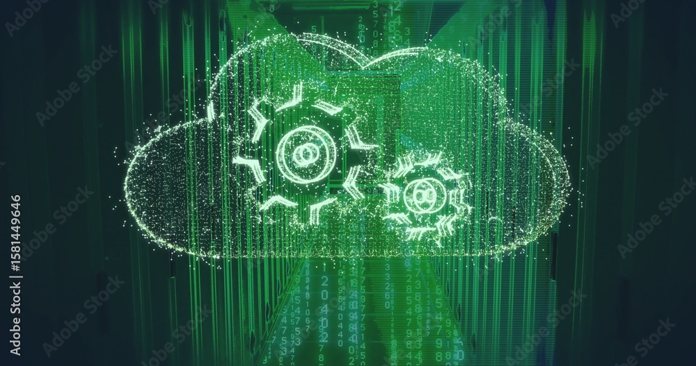 Poster floating holographic cloud icon displaying two gear icons inside server racks with binary streams